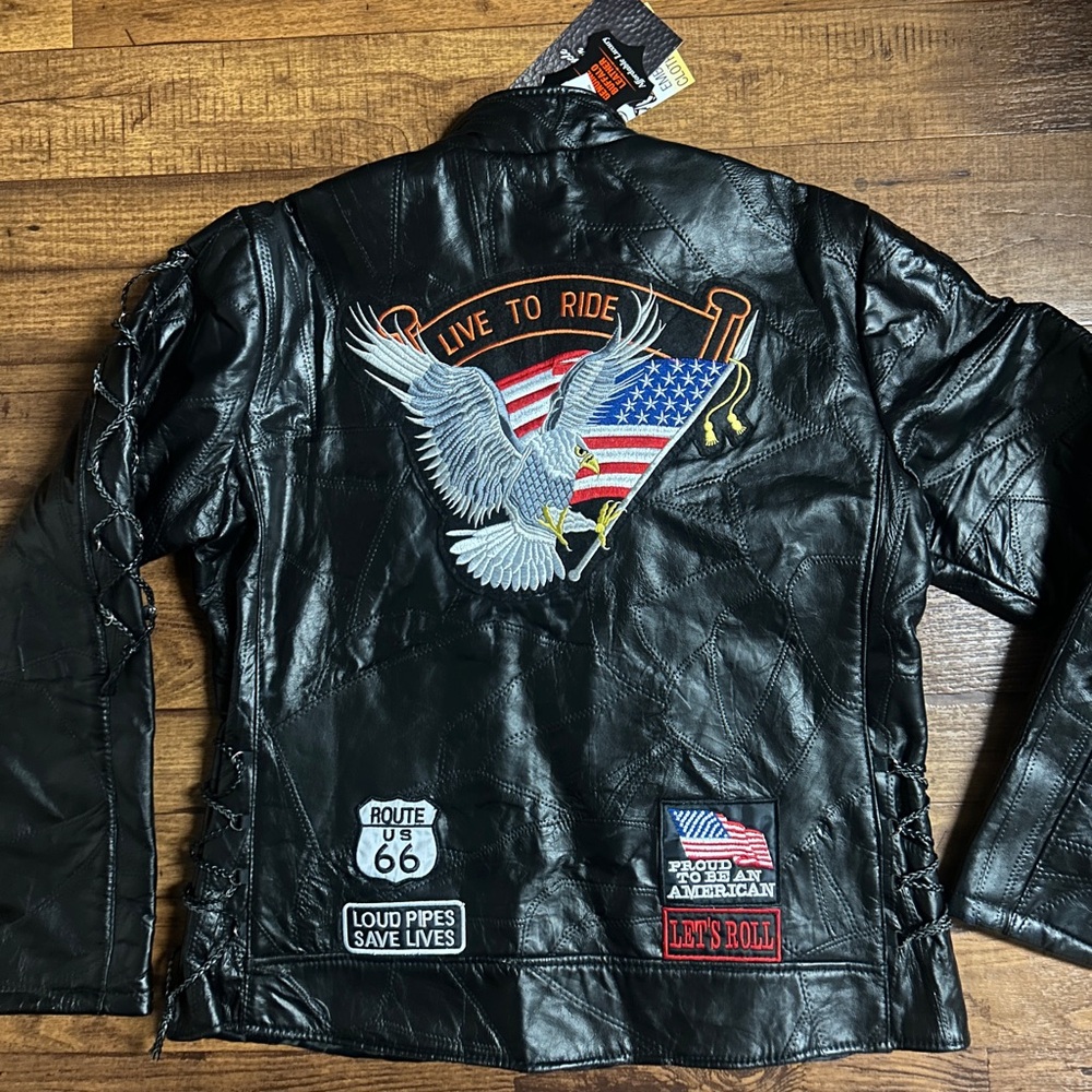Diamond Plate Men’s Size 3 X-Large Motorcycle  Black Leather Patches Jacket ~New - Picture 6 of 16